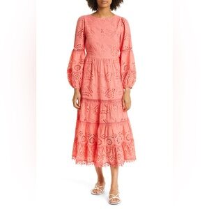 Kobi Halperin Zadie Dress Midi Eyelet Tiered Ruffle Lace Puff Sleeve Pink Medium